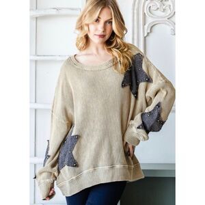 Oli & Hali Sweater Top Henley Pullover Star Patch Lagenlook Slouchy Oversized Ta